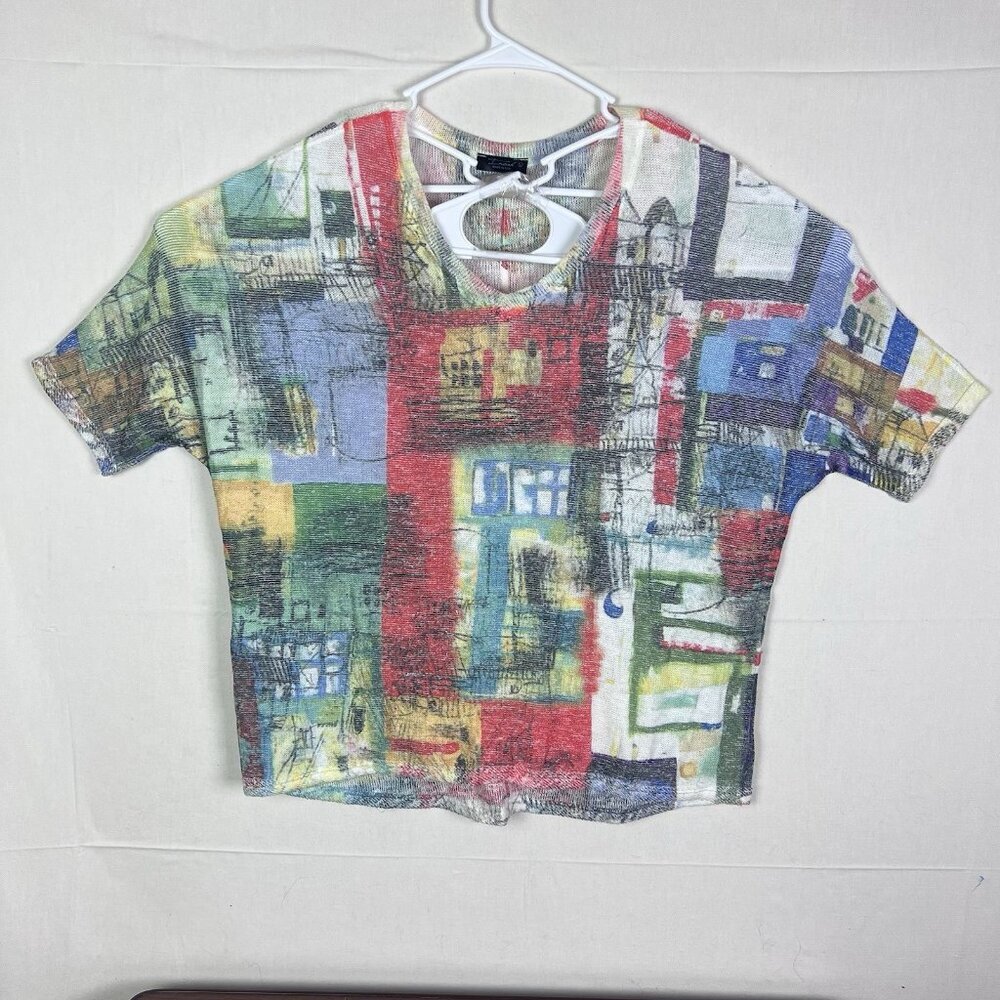 Inoah Brand Size Large Womens Shirt Abstract Rayon‎ Blend V-neck Short Sleeve